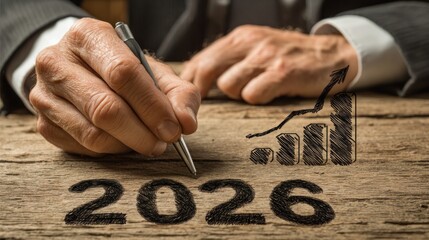 Obraz premium Hand writing on wooden surface with business growth chart and year 2026