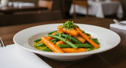 A white plate with glazed carrots and green beans topped with herbs on a wooden table in a restaurant
