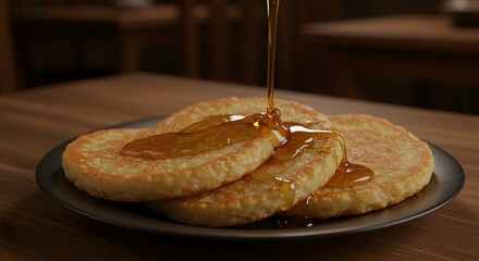 Pouring maple syrup onto a stack of golden pancakes on a dark plate on a wooden surface ready to eat