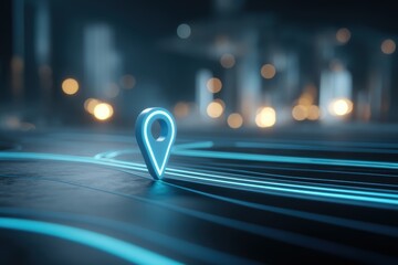 A glowing digital map pin icon stands on illuminated blue lines, symbolizing navigation technology in a futuristic cityscape at night