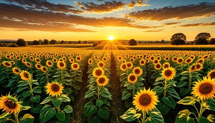 Golden sunflower field basking in sunset glow