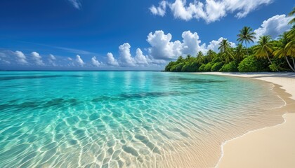 Fototapeta premium Tropical paradise with turquoise waters, white sand beach, palm trees, and blue sky