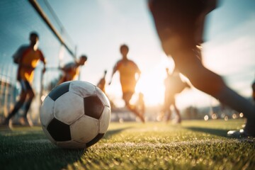 Fototapeta premium A close-up of a soccer ball on a field with players in motion and sunlight in the background, capturing an energetic game moment