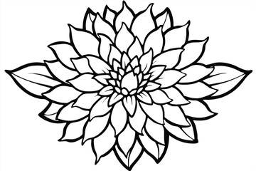 Black and White Line Art Illustration of a Dahlia Flower with Leaves