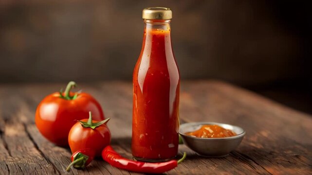 Homemade Tomato sauce, hot sauce in bottle with cherry tomato, chili pepper, mustard on wooden table. Ingredient. Barbecue glaze, chipotle, salsa, harissa, ketchup, gochujang,created wth generative ai
