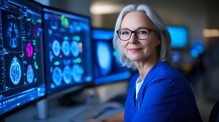 Senior female medical professional with glasses and silver hair smiling while reviewing brain scan results on multiple monitors in dark diagnostic room.