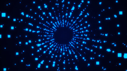 Blue digital squares forming a tunnel of light in perspective view.