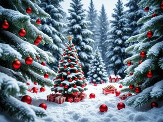 Snowy winter forest scene with decorated Christmas trees, presents