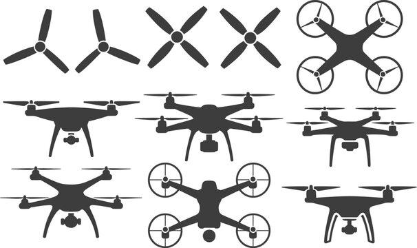 Drone Silhouettes and Propellers: A collection of drone silhouettes, showcasing various designs and propeller configurations, perfect for technology and aerial imagery concepts.