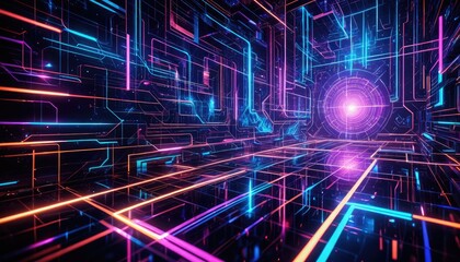 Obraz premium Cyberpunk portal inside a futuristic neon-lit corridor with digital lines