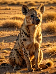Spotted hyena sits alertly in sunlit desert landscape