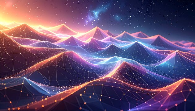 Abstract digital art of network mountains with a starry sky and colorful lights