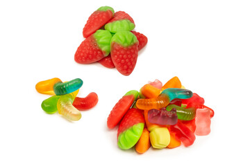 Juicy colorful jelly sweets isolated on white. Gummy candies.
