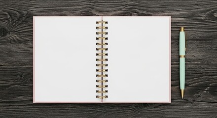 Blank Notebook Open Beside a Pen on a Wooden Surface