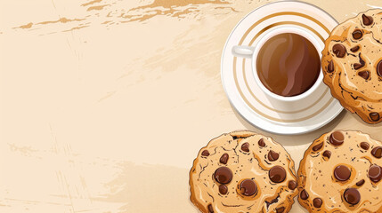 watercolor illustration, National Cookie Day, cup of coffee and cookies with chocolate, light background, vintage postcard, horizontal banner, copy space, free space for text