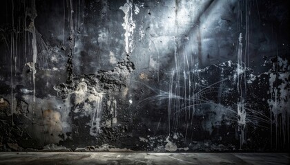 Fototapeta premium Weathered, dark wall with peeling paint and a floor, texture, grunge feel