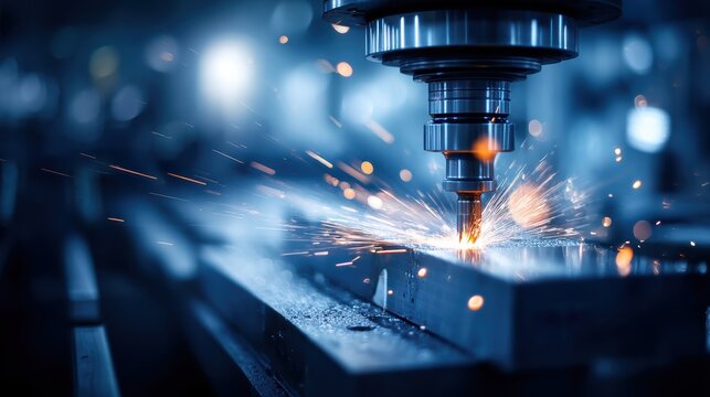 A CNC machine drills into metal, creating bright sparks in a modern industrial workshop environment - Powered by Adobe