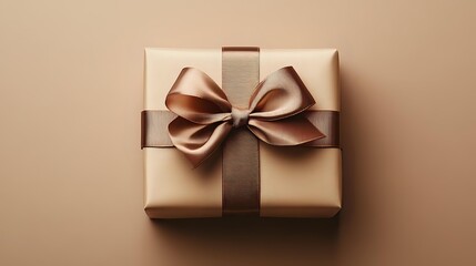 Elegant gift box wrapped in beige paper with luxurious brown satin ribbon and bow on neutral background, suitable for premium product presentation and holiday marketing.