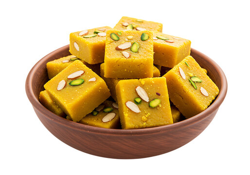 Bowl of indian sweet barfi with nuts isolated on transparent background