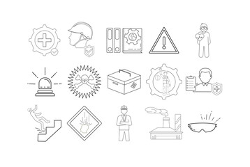 Fototapeta premium A collection of illustrated work safety icons includes safety first, protection, regulations, danger, health, insurance, prevention, with thin lines and a white background.