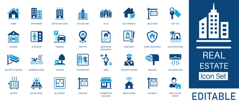 Real Estate and Property Investment solid icon set. Contains symbols for For Sale Sign, Mortgage, Smart Home, and Solar Panel. Flat vector design for real estate listings and property marketing.