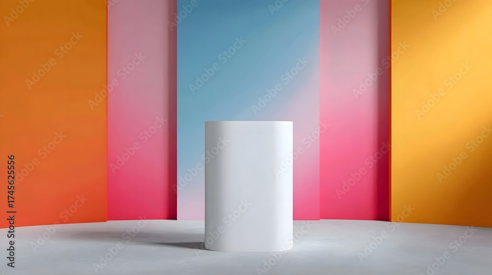 Wall mural a white podium stands on a neutral floor before a colorful gradient backdrop with ample space for te