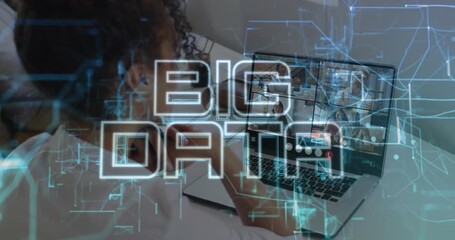woman seated laptop initiating conference call animating BIG DATA with cyan graphics for teamwork - Powered by Adobe