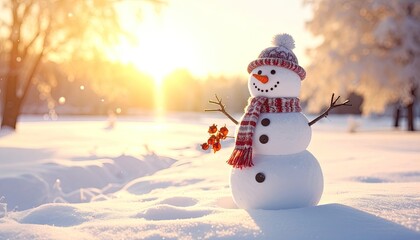 Fototapeta premium Festive snowman in winter scene, enjoying sunlight