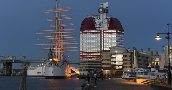Timelapse View of Lilla Bommen harbour, with the popular ship Barken Viking the biggest sailing ship ever built in Scandinavia. 4K. 25p