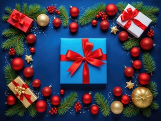 Christmas gifts, ornaments & greenery frame, festive blue background