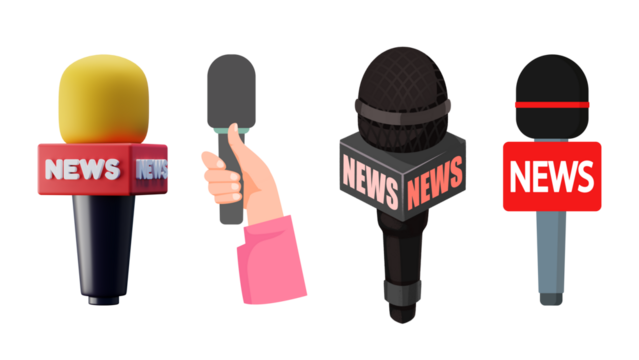 Collection of four news microphones with news branding isolated on transparent background