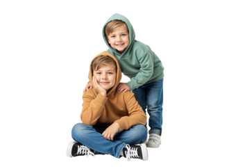 Two Children in Hoodies Sharing a Friendly Moment on White Background
