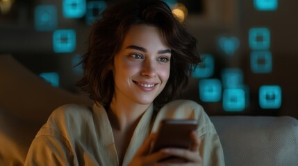 A young woman smiles while using her smartphone, surrounded by glowing digital icons in a cozy, dimly lit room