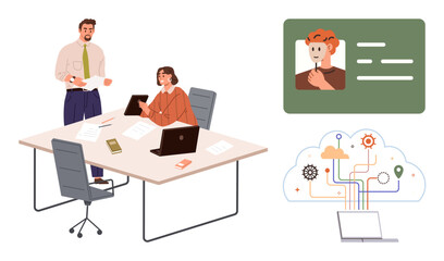 Office colleagues discussing work while using laptops and documents, digital avatar for video call, and cloud-based workflow concept. Ideal for teamwork, remote work, technology, brainstorming, data