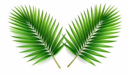 Obraz premium Vibrant green palm leaves arranged symmetrically against a clean white background, perfect for tropical themes, environmental projects, or summer events with a fresh, natural feel.