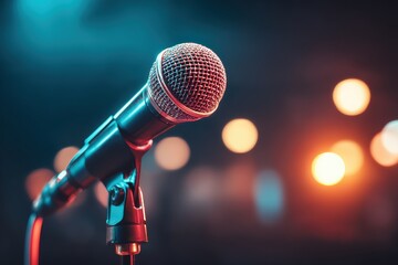 Obraz premium A close-up of a microphone on stage with colorful, blurred lights in the background, creating a vibrant and energetic atmosphere
