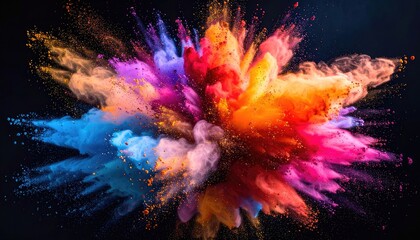 Exploding cloud of colorful powder against a dark backdrop