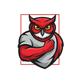 Powerful mascot owl flexing bicep confidently, embodying strength and determination for sports teams or brands seeking a bold identity.