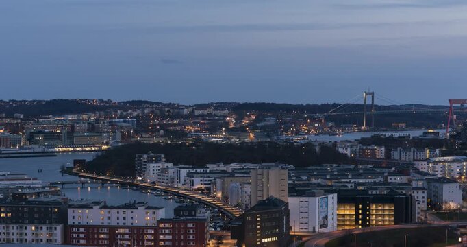 Timelapse panorama view of Gothenburg skyline at night. Pan. 4K. 25p