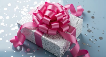Fototapeta premium Beautiful gift box wrapped in pink ribbon with sparkling confetti celebration present