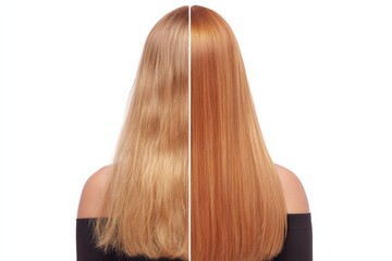 Fototapeta premium A split image shows a comparison of hair before and after treatment, highlighting a transformation from frizzy to smooth, shiny, and straightened hair