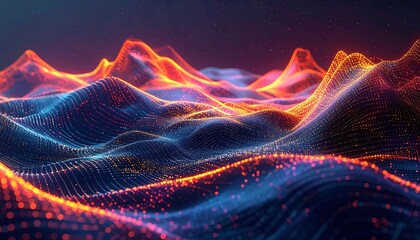 Abstract digital landscape with vibrant orange and blue glowing particles
