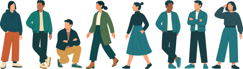 Modern casual people lineup in flat vector style, diverse men and women in jackets, coats and skirts, standing, walking and kneeling on clean background with minimal detail and a balanced palette