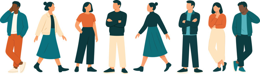 Modern casual people lineup in flat vector style, diverse men and women outfits and walking or standing poses, clean light background, minimal no outlines, balanced palette for stock illustration