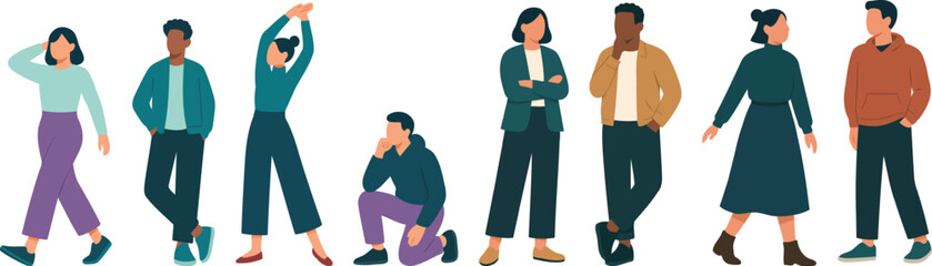 Modern casual people characters in flat vector style, diverse men and women outfits with varied poses, standing walking and kneeling on clean background, minimal detail with a balanced palette