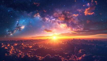 Fototapeta premium Sunset over clouds, starry sky above. Bright sun, colorful nebula, cosmic scene