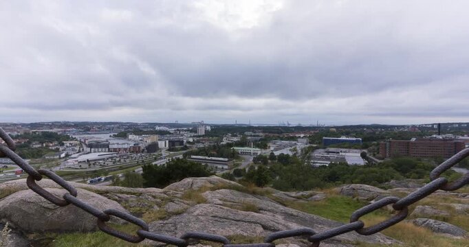 Timelapse panorama view of Gothenburg, Sweden at day with fast moving clouds. Dolly Move. 4K. 25p