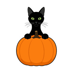 Black cat with green eyes sitting on an orange pumpkin.