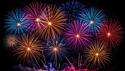 Fototapeta premium Colorful fireworks explode brightly against a dark night sky