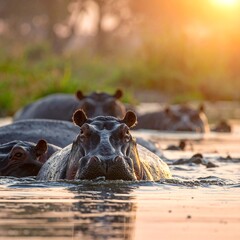 Fototapeta premium Hippos in a river at sunset